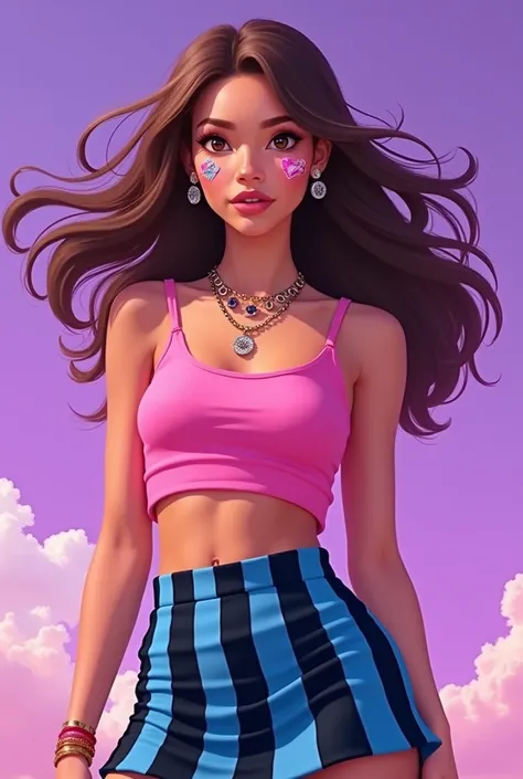 Create a brown hair look with a pink crop top and a blue skirt striped in black with several stickers on the face with the arms caused on a purple background from Pixar