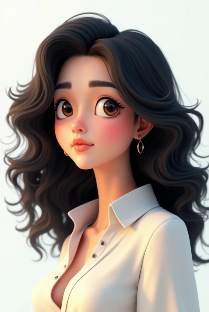 Generate an animated girl with AI for a commercial photo of a company that focuses on her face with curly black hair , with a white background and a bech shirt that looks like a financier and with longer and more combed hair 