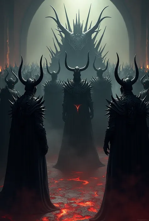 evil Group of scary black demon Knights with lots of spikes spikes in the dark with spikey Dark leader on throne and lava.
evil deamons with lots of armor
