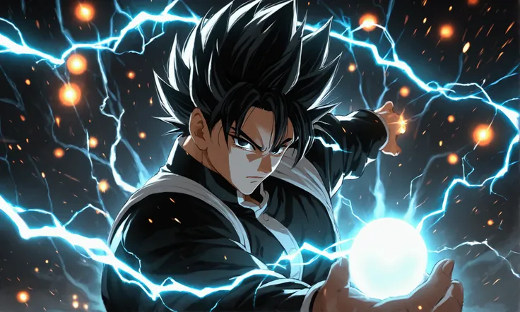 Seeing of the right, adult male, a character up to the waist, holding a black dark sphere of energy with white lightning parts like a lightning bolt illuminating around the sphere and in the middle of it, as if it were destroying the sphere and dodging, bu...