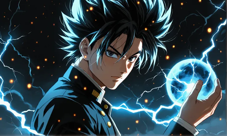 Seeing of the right, adult male, a character up to the waist, holding a black dark sphere of energy with white lightning parts like a lightning bolt illuminating around the sphere and in the middle of it, as if it were destroying the sphere and dodging, bu...