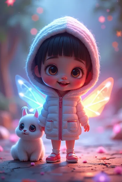 a cute, wide-eyed and vibrant character with a luminous aura that emits different colors, similar to that of a rainbow. she has features that suggest the innocence and curiosity of a child: large expressive eyes, wide smile and a playful posture. Let it be...