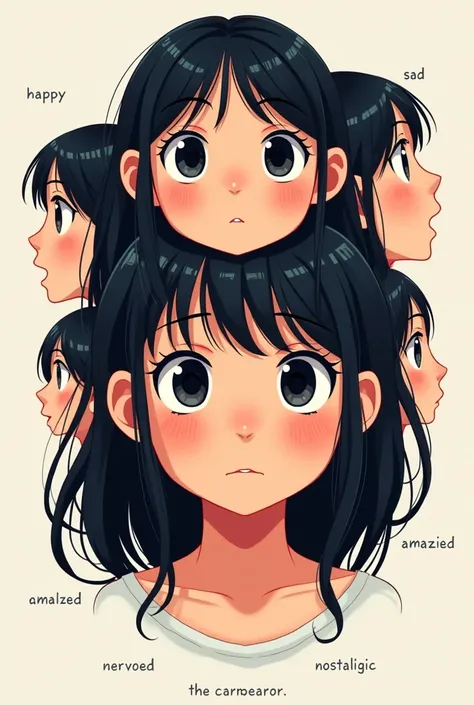 6 faces of a happy black-haired girl with big eyes,sad</input></xml>,annoyed,amazed,Nervous and nostalgic with respective names of the emotion represented in a striking sign under each face