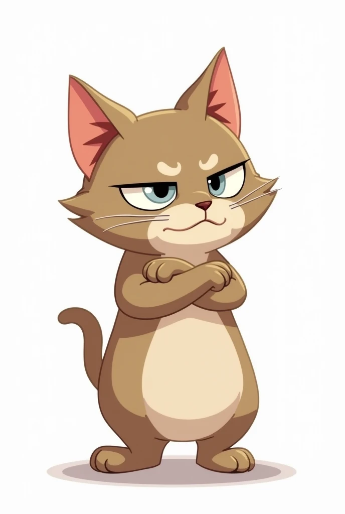 A serious 2D cat with arms behind back cartoonish serious looking away with his face on a white background 