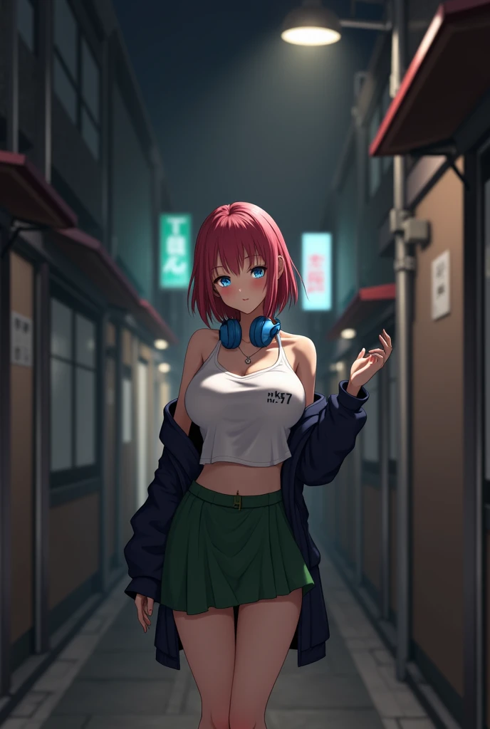 
Back on the wall it says "Miku Nakano " and she has reddish hair with dark pink tones, a fringe, tight white shirt that shows her big breasts, and she has blue headphones around her neck and a green skirt where you can see her legs.
She is a realistic Jap...