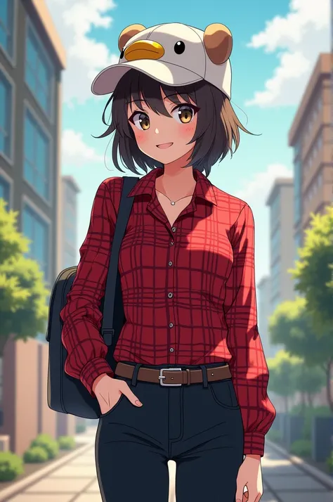 Anime style red plaid blouse black pants with duck cap