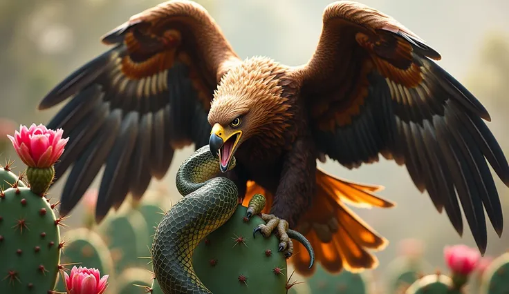 In a breathtaking 8K image, the full majesty of an eagle is on display as it is captured in the dramatic moment of devouring a serpent. The eagle, depicted in its entirety, reveals an impressive expanse of plumage in rich shades of brown and gold, with eve...