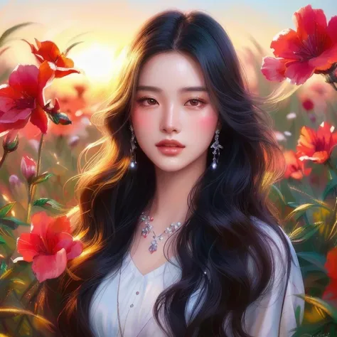 a close up of a woman standing in a field of flowers, beautiful digital artwork, beautiful digital painting, by Yang J, beautiful gorgeous digital art, beautiful digital art, chinese girl, beautiful asian girl, celestial red flowers vibe, 8 k realistic dig...