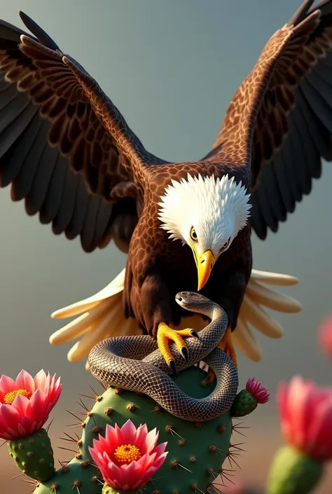 In a breathtaking 8K image, the full majesty of an eagle is on display as it is captured in the dramatic moment of devouring a rattlesnake. The eagle, shown in its entirety, exhibits an impressive expanse of plumage in rich shades of brown and gold, with e...