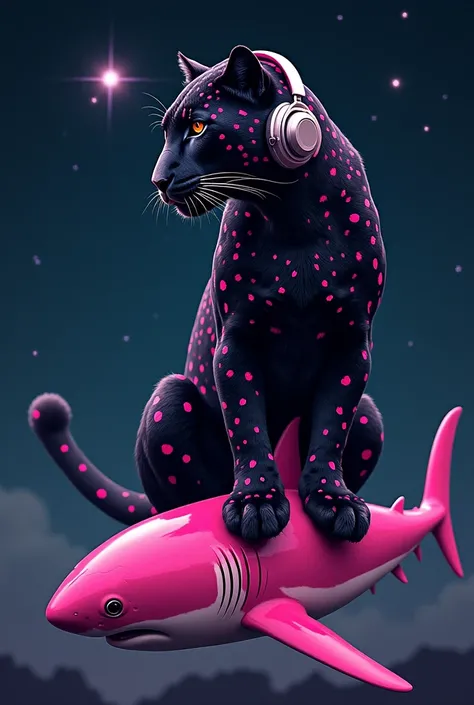 Black leopard with pink spots and shiny headphones ,on top of a pink shark , in the background with the starry night and a bright star 