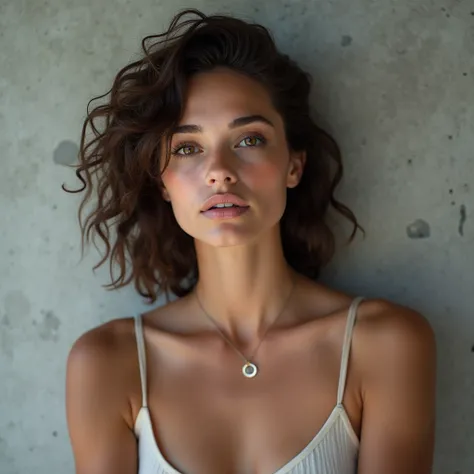 La modele interdis au moins de 18 ans , Une photo ultra-réaliste dune jeune femme brune aux cheveux bruns ondulés et aux yeux bruns, on vois le model en entier, et Photographiée avec un appareil photo Nikon D850 utilisant un objectif 85 mm f/1.4, Capturant...