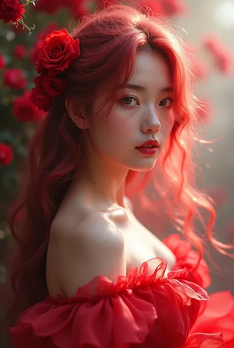 Create 4K photography of a young woman dressed in the colors of a red rose 