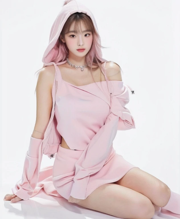 arafed woman in pink dress sitting on the floor with her hands on her hips, pink clothes, roseanne park of blackpink, jossi of b...