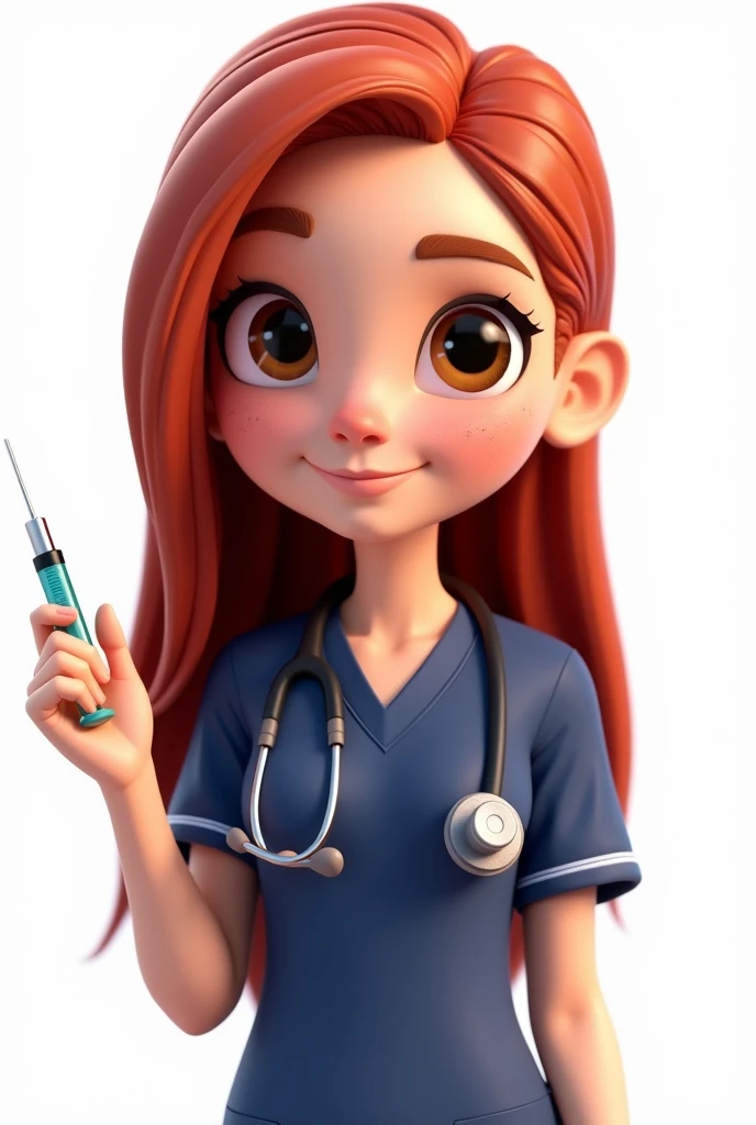 Animated avatar of a nurse in navy blue surgical pajamas, half body, redhead with long straight hair, brown eyes, with stethoscope and syringe