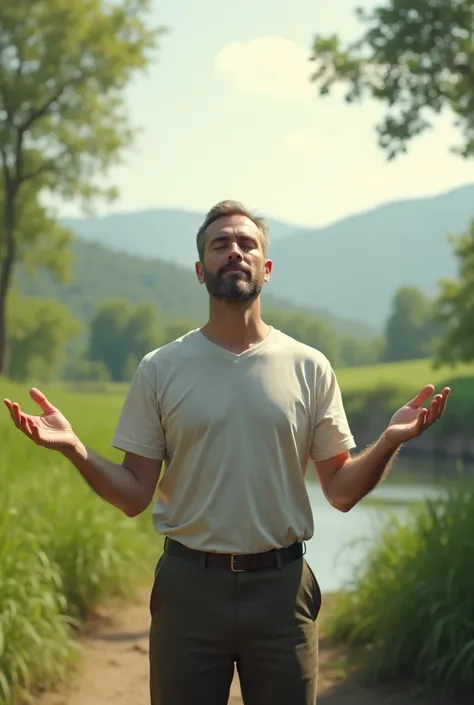 A man with his eyes closed and his arms open to the sides enjoying 
