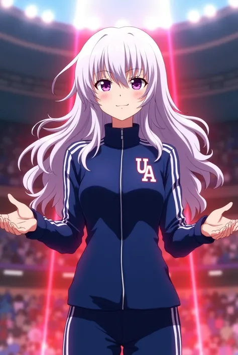 screenshot boku no hero academia. Young woman. WHITE SKIN. white hair. wavy hair with bangs and long.purple eyes. beautiful and attractive. smile and frown. This stop with open hands with a red light.  "wears blue UA sports uniform" Blue jacket with white ...