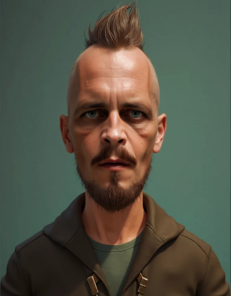 A detailed portrait of a 40-year-old man with a goatee and mohawk hairstyle, with a light smile, (best quality,4k,8k,highres,masterpiece:1.2),ultra-detailed,(realistic,photorealistic,photo-realistic:1.37),HDR,UHD,studio lighting,ultra-fine painting,sharp f...