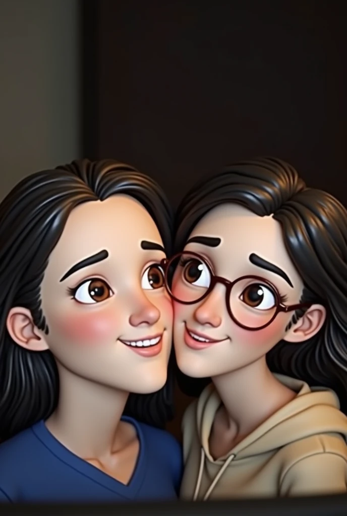 Cartoon character of two 20 year old girls. They both have dark hair and are white., but the one on the left has long straight hair, while the other has curly hair and wears thin-framed glasses, paired and rounded, Animation character, Stylized character, ...