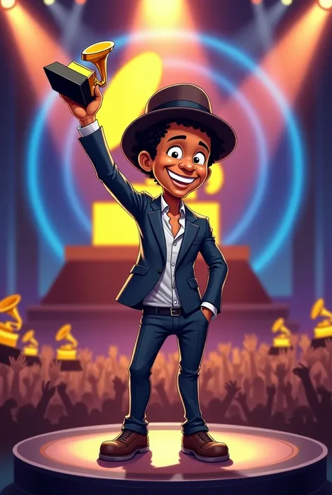 Imagine Bruno Mars in 2011, holding his first Grammy award with pride. He is standing on a large illuminated stage, dressed in an elegant suit, with his characteristic fedora hat. His expression is one of joy and excitement as he lifts the golden trophy., ...