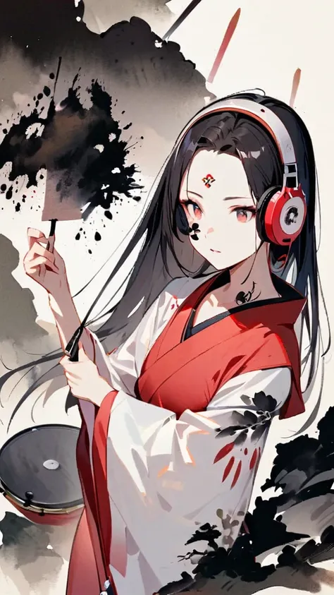 ((Ink Painting)), (((1 girl))), (((Tattoo on face))), Japanese style headphones, Japanese beautiful girl, Black Hair, drum, rock, band,涙, 