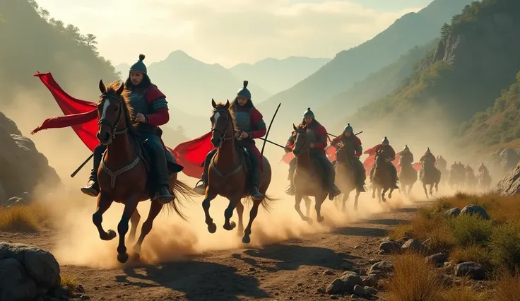 In ancient China, a battle on horseback, of warriors, of Genghis Khan, pursues, a group of Chinese warriors, cinematic, realistic, 4k