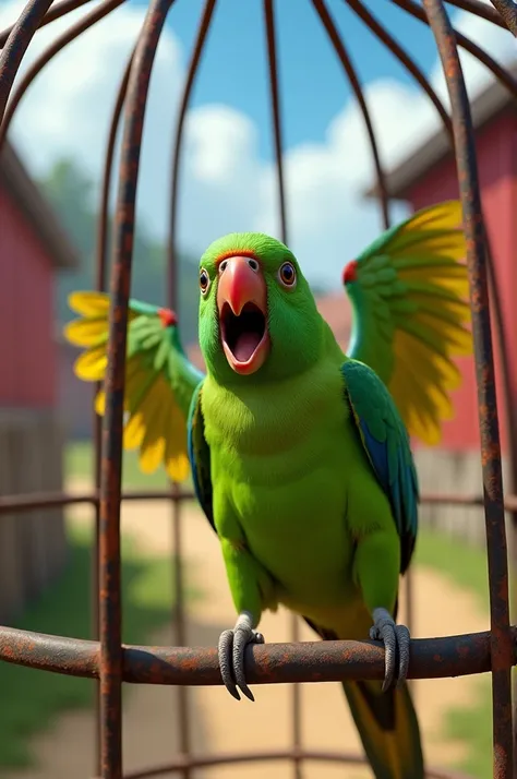 A vibrant green parrot sits inside a rusty metal cage, perched on a wooden bar, with its beak wide open as if it were shouting and mocking someone outside. The parrot has vivid feathers with hints of blue and yellow., and its wings are slightly raised. The...