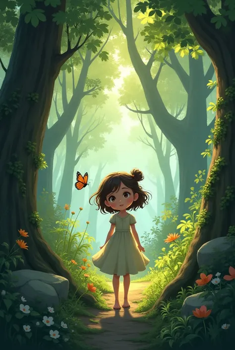 Girl lost in the forest after a butterfly

