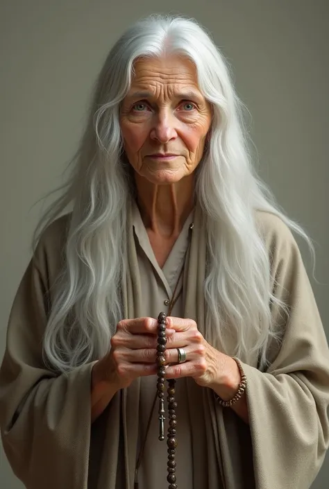 80 year old lady, she is a faith healer, she is holding a rosary, she is facing forward, she has white hair, her color is white
Feedback 
Com os cabelos longos , rosto mas feminino 