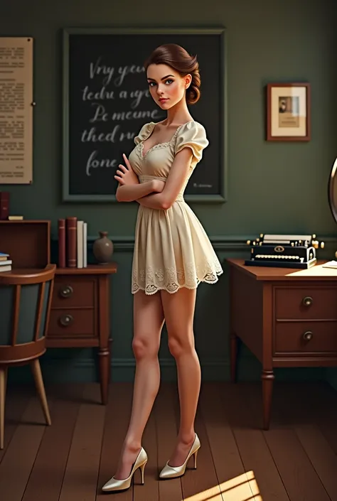 beautiful woman teacher of colonial era, in a short dress, stockings, high heel shoes, retro school office