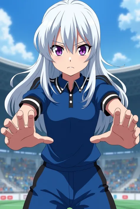 screenshot boku no hero academia. Young woman. WHITE SKIN. white hair. wavy hair with bangs and long.purple eyes. beautiful and attractive. serious and frowning.determined look. This stand with open hands in a fighting stance.  "wears blue UA sports unifor...