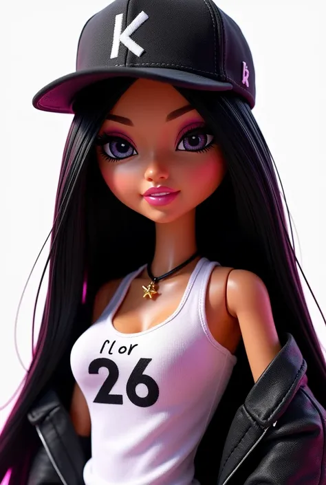 A white-skinned bratz doll with long, straight black hair is wearing a black cap. , a white top with her name on it "FLOR 26 BET" with a jacket.
Only the top of the wrist from the navel up is visible.