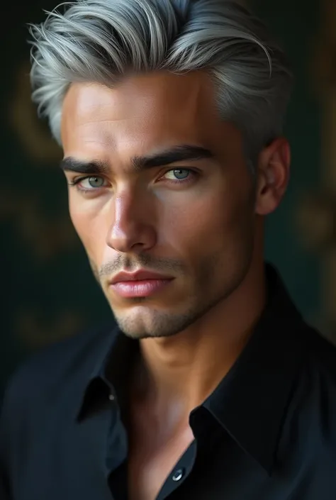 a young, sexy, pretty and handsome man, with white skin and gray hair. A combination of Italian genes. Clean face. And hunter eyes