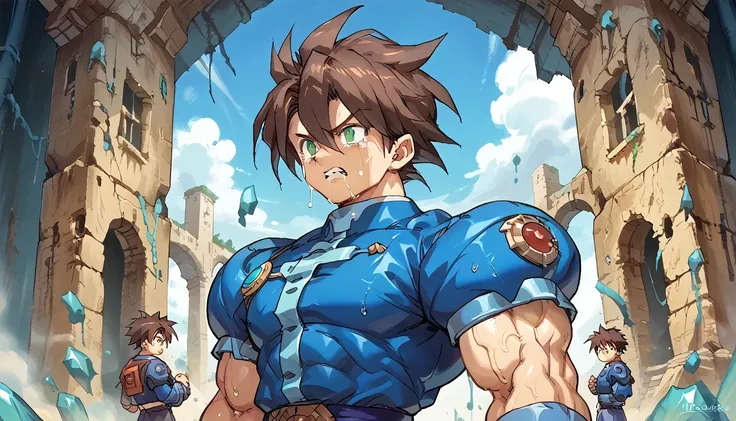 highest quality,raw photos,professional art works,m3g4m4n,blue armor,muscular,brown hair, boy,male focus, brown hair, green eyes...