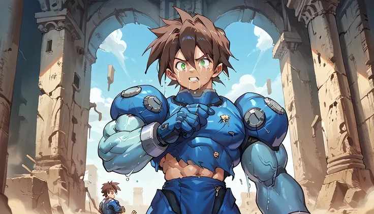 Highest quality,RAW Photos,Professional Art Works,m3g4m4n,Blue Armor,Muscular,Brown Hair, boy,male focus, brown hair, green eyes, Alone, android, hair between eyes,Ancient ruins with floating red and green crystals,Crying face,(((Huge muscles,Huge erect pe...