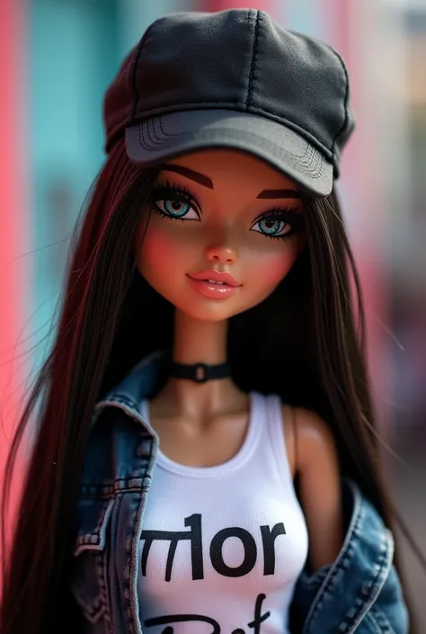 A white-skinned bratz doll with long, straight black hair is wearing a black cap. , a white top with her name on it " FLOR 26 BET " with a jacket.
Only the top of the wrist from the navel up is visible.