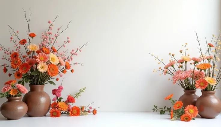 a real photo, white drywall, brown vases, yellow and white and brown flowers, birthday backdrop, studio photography, detailed, photorealistic, high resolution, 8k, masterpiece, professional lighting, vivid colors, studio lighting, beautiful detailed flower...