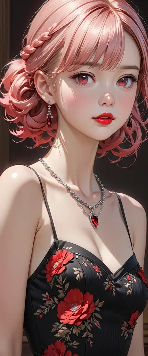 Girl: 1.5, cute baby face, 1, flawless anatomy, red eyes shadow, red lipstick, slightly rosy cheeks, fair skin, black dress, small breasts, pink hairstyle, unique hair, necklace, high quality, super detail, high quality detail