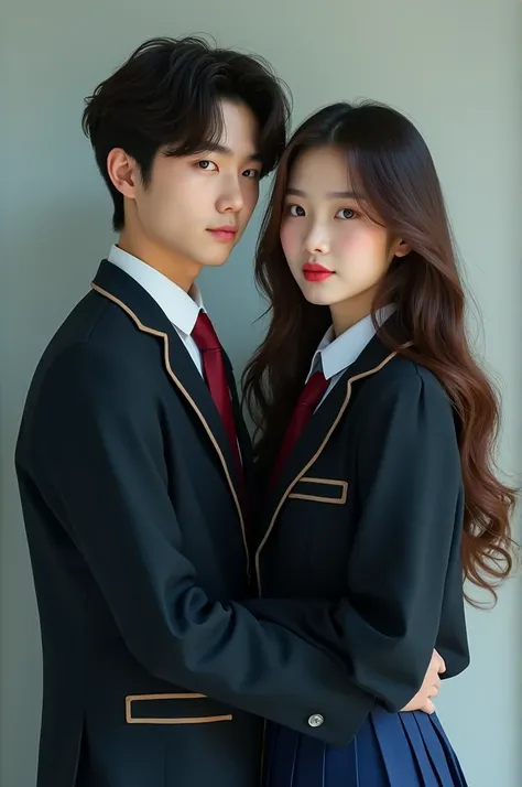 The boy with wavy hair, a dark blazer white shirt and red tie, The girl has very long hair with brown locks with a dark blazer matching her blouse and a blue pleated skirt, They are Korean high school students, that has the typical uniform that in kdramas