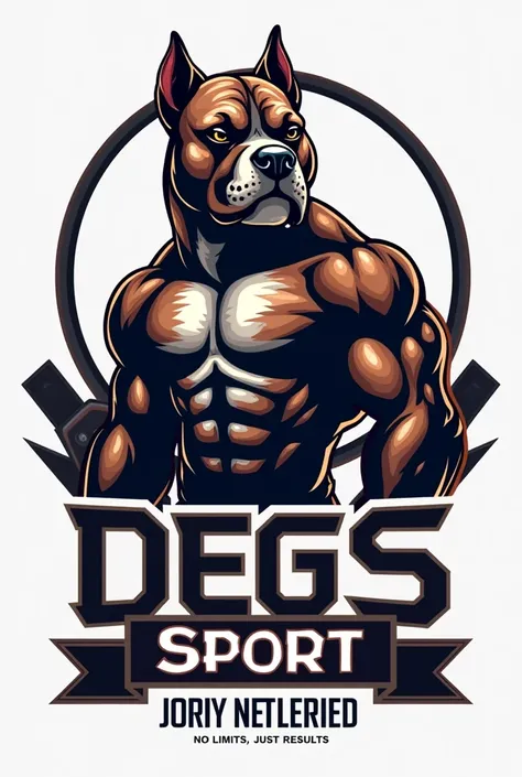 A logo with a muscular pitbull and a weight bench. Name of the company DEGS Sport , Slogan No Limits. NO LIMITS. JUST RESULTS