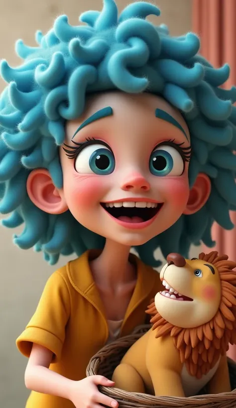 Style 3D Age 25 woman with blue curly hair with blue eyes lip laugh Next to it is an old basket which has a tall male lion 
Dansing with a lion
