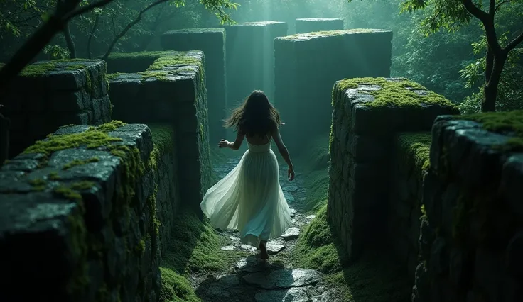 Silhouette of a woman in a white dress running desperately in a stone maze, with moss on the walls.

  dark environment, Dark and mysterious, night


