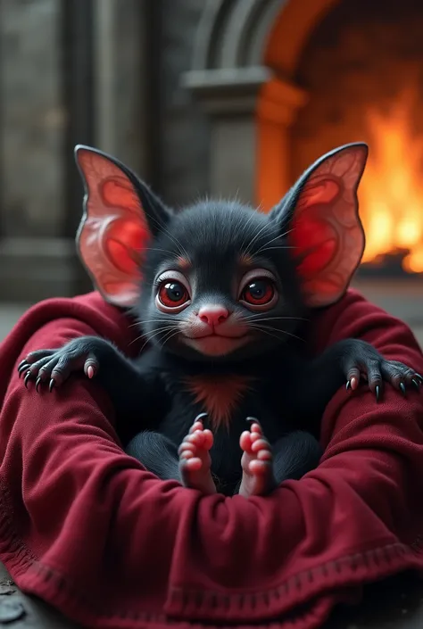 A small newborn baby bat in black with red accents.  With beautiful big sparkling red eyes and eyelashes.  Sits on burgundy silk fabric with embroidery along the edges. He closed one eye with joy.. Background burning fireplace in a castle with granite wall...