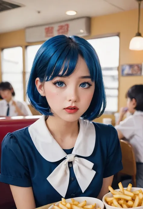 (((beautiful detailed)))(cute face:1.2)1girl, A girl stuffing her face with french fries, Girl crying while eating a pile of french fries, Inside a 1950s-style diner, 1950s-style interior, Navy blue hair, blue eyes, A short-sleeved white shirt with four ve...