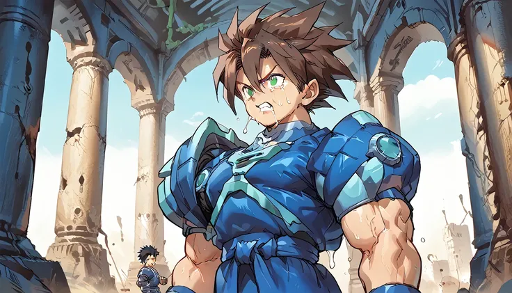 highest quality,raw photos,professional art works,m3g4m4n,blue armor,muscular,brown hair, boy,male focus, brown hair, green eyes...