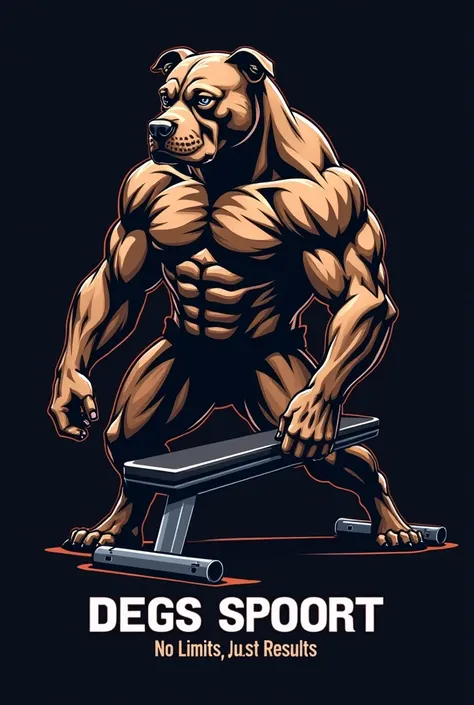 A logo with a muscular pitbull and a weight bench. Name of the company DEGS Sport , Slogan No Limits. NO LIMITS. JUST RESULTS