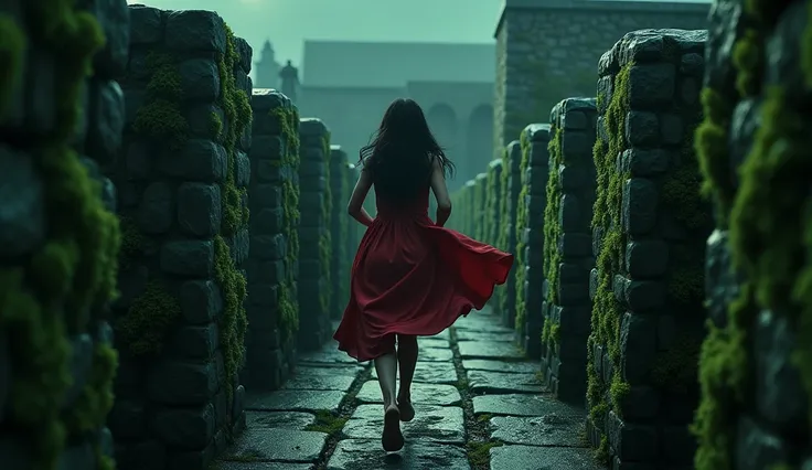 Silhouette of a woman in a red dress running desperately in a stone maze, with moss on the walls.

  dark environment, Dark and mysterious, night


