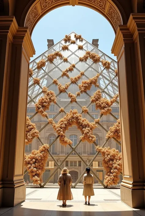 Louvre Pyramid made of wood worked in floral ornament and transparent glass instead of steel maintaining its original shape and size seen from below the pyramid under the glass as if we were in the entrance hall 