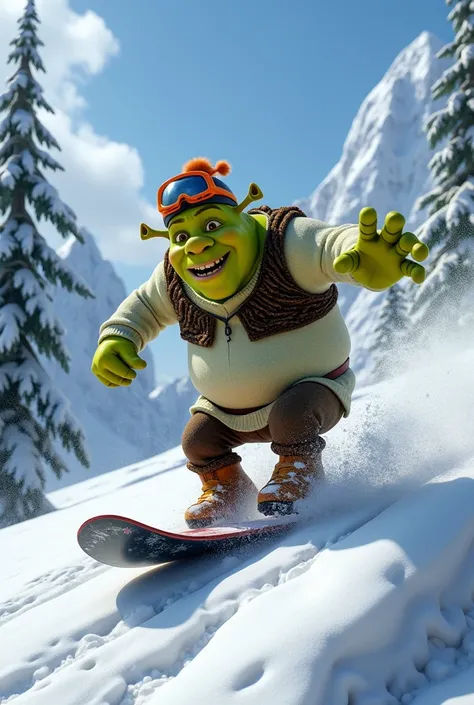 Sherek praticando snowboard 