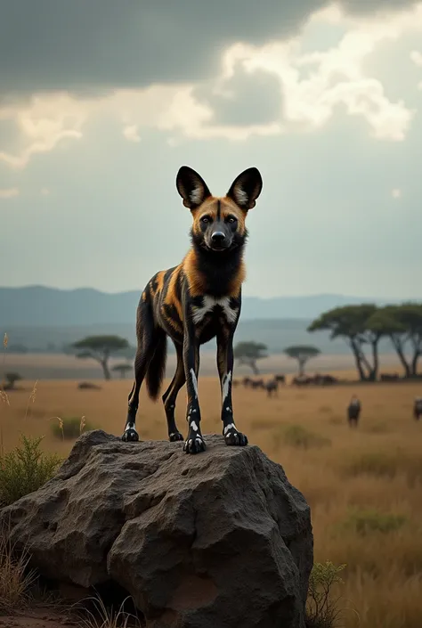 "A solitary Mabeco (African wild dog) standing on a rocky outcrop, scanning the horizon with the dramatic landscape of Zambias savanna behind it, under a cloudy, moody sky. (best quality, 8k, highres, masterpiece:1.2), ultra-detailed, (realistic, photoreal...