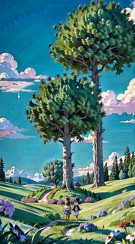 Viral anime nature wallpaper in 4K quality, in the style of Pixar 3D inspired by Toy Story, showcasing a lush meadow filled with colorful wildflowers, a clear blue sky with fluffy clouds, and a single majestic tree standing in the middle; bright and cheerf...